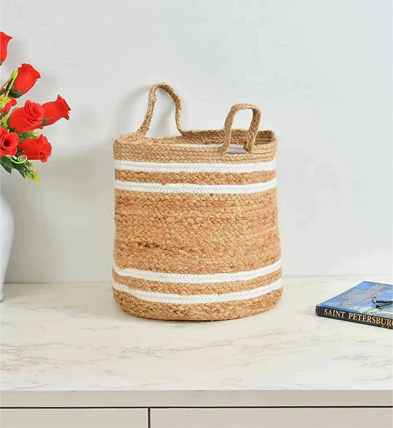 Natural Jute Basket with Stripe Detailing