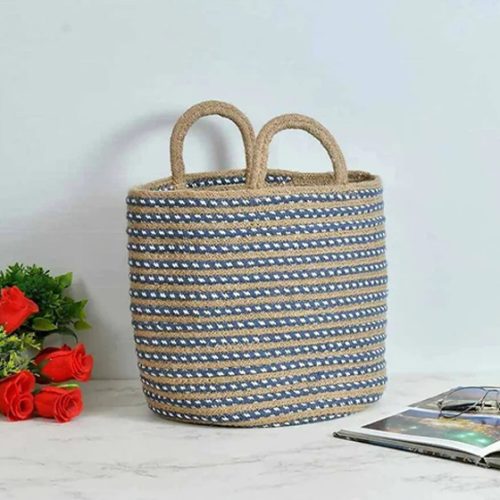 Handwoven Striped Jute Basket with Handles
